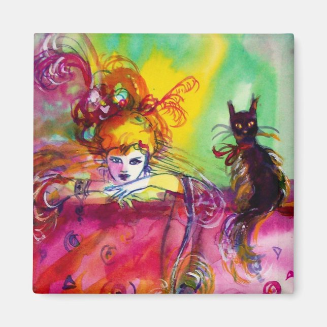 LADY MIT SCHWARZER KATZE MAGNET (Vorne)