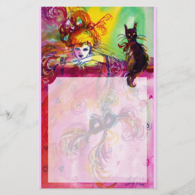 LADY MIT SCHWARZKATZE / Venezianischer Maskerade Briefpapier (Vorderseite)