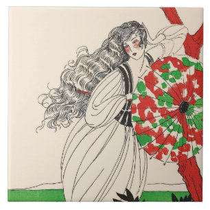 LADY MIT UMBRELLA Art Deco Schöne Mode Fliese