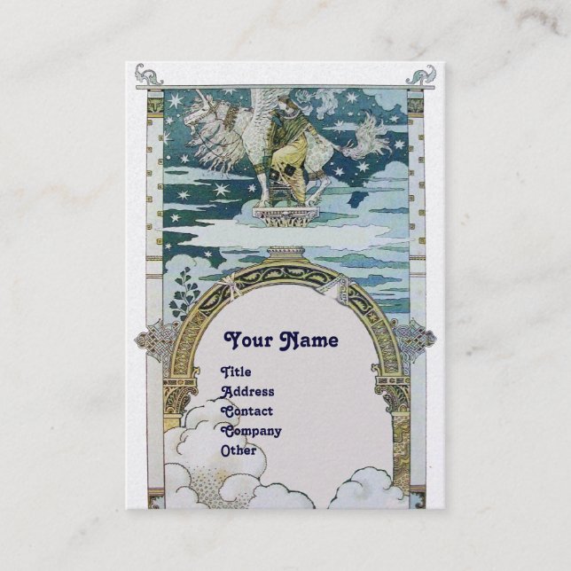 LADY MIT UNICORN, blaues goldfarbenes Metallic Visitenkarte (Vorderseite)