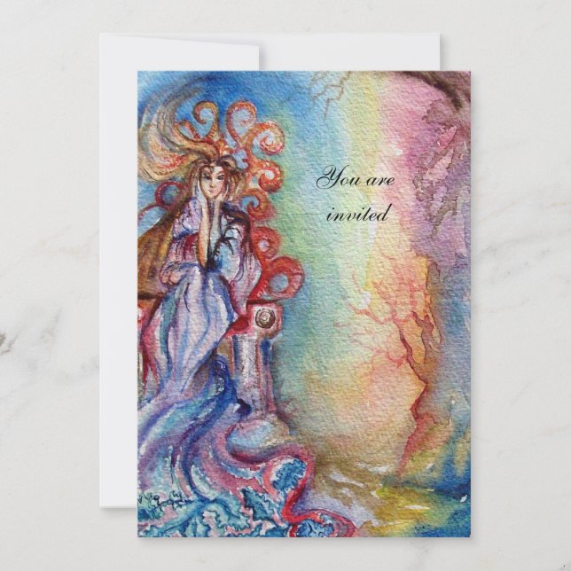 LADY OF LAKE , leuchtend blau-pink-gelb Einladung (Vorderseite)