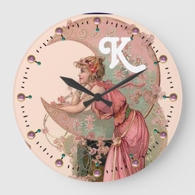 LADY OF THE MOON WITH FLOWERS IN PINK MONOGRAM GROßE WANDUHR (Vorderseite)