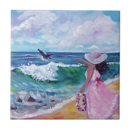 Lady on Beach mit Humpback Whale Keramik Tile Fliese