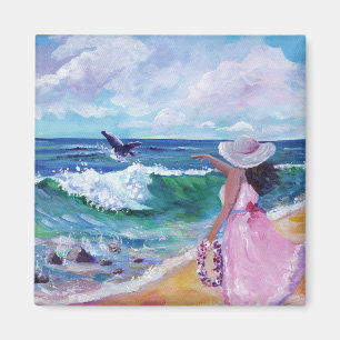 Lady on Beach mit Humpback Whale Magnet