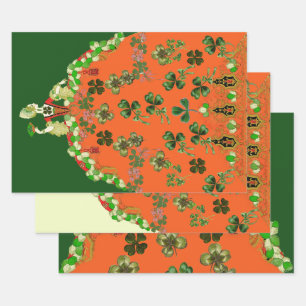 LADY ORANGE UND KLEEBLÄTTER St. Patricks Day Grün  Geschenkpapier Set