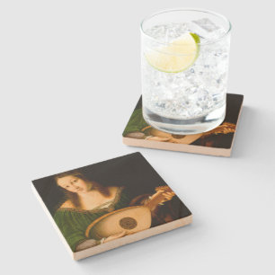 Lady Playing Lute Fine Art Malerei Stone Untersetz Steinuntersetzer