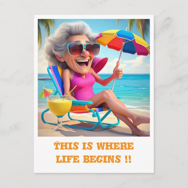 " LADY RETIRED AM STRAND " POSTKARTE (Vorderseite)