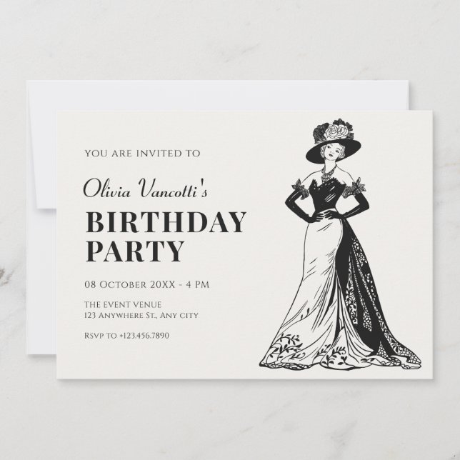 Lady Retro Vintages elegantes Kleid Geburtstag Einladung (Vorderseite)