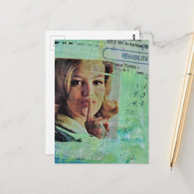 Lady says quiet Mixed Media Collage Postkarte (Vorderseite/Rückseite Beispiel)