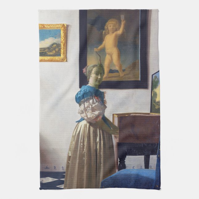 Lady Stehend in einer Jungfrau, Johannes Vermeer Geschirrtuch (Vertikal)