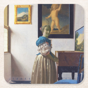 Lady Stehend in einer Jungfrau, Johannes Vermeer Rechteckiger Pappuntersetzer