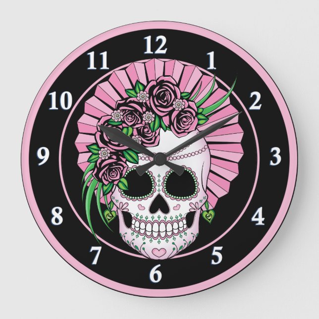 Lady Sugar Skull Große Wanduhr (Vorderseite)