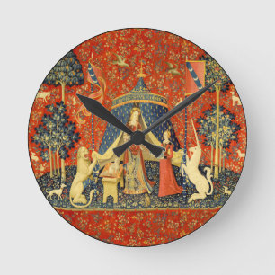 Lady und die Unicorn Mittelalterliche Tapisserie Runde Wanduhr