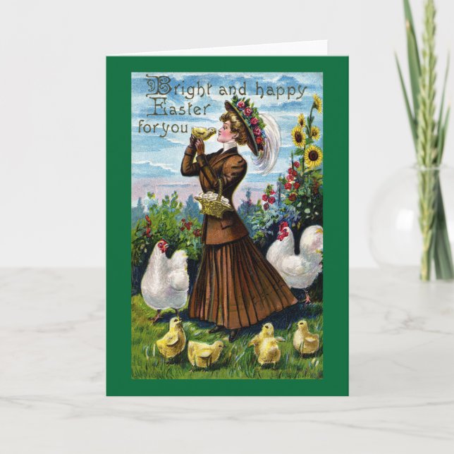 Lady und Hühner Vintag Ostern Feiertagskarte (Vorderseite)