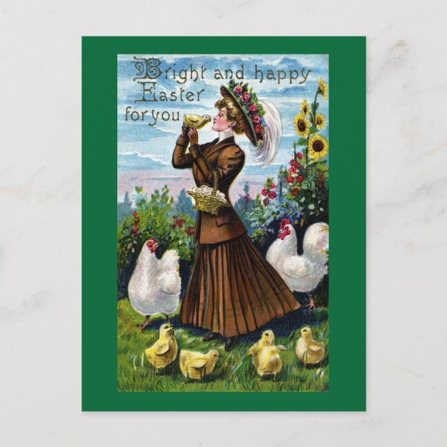 Lady und Hühner Vintag Ostern Feiertagspostkarte (Vorderseite)