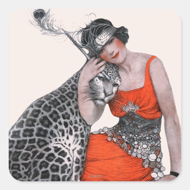 Lady und Leopard Quadratischer Aufkleber (Vorderseite)
