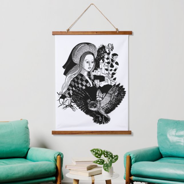 Lady und Nachteule Wandteppich Mit Holzrahmen (Wohnzimmer)
