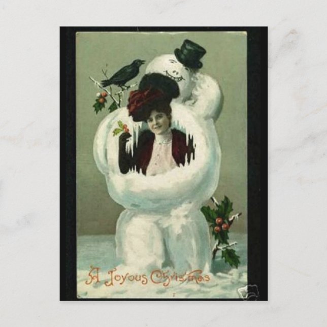 Lady und Snowman Feiertagspostkarte (Vorderseite)