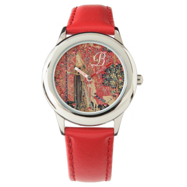 LADY UND UNICORN Fantasy-Blume, Monogramm der Tier Armbanduhr (Vorderseite)