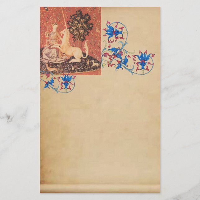 LADY, UNICORN, Tiere Antique Floral Parchment Briefpapier (Vorderseite)