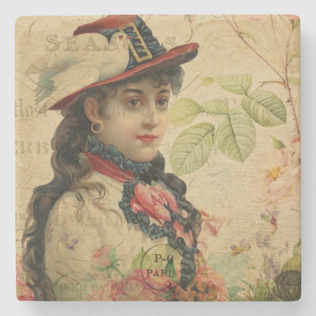 Lady Vintag Postcard Steinuntersetzer (Vorderseite)