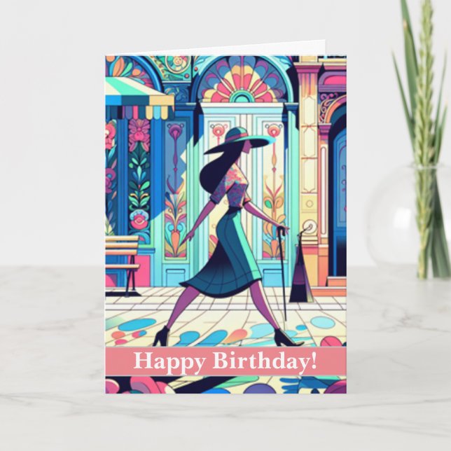 Lady Walking - Bonne carte d'anniversaire (Devant)