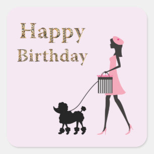 Lady wandelt schwarze Poodle Glücklich Geburtstag Quadratischer Aufkleber