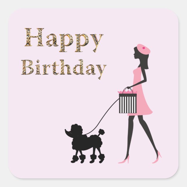 Lady wandelt schwarze Poodle Glücklich Geburtstag Quadratischer Aufkleber (Vorderseite)