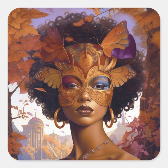 Lady Wear Mask Black Fantasy Art Quadratischer Aufkleber (Vorderseite)