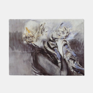 Lady with a Gray Cat (von Giovanni Boldini) Fußmatte