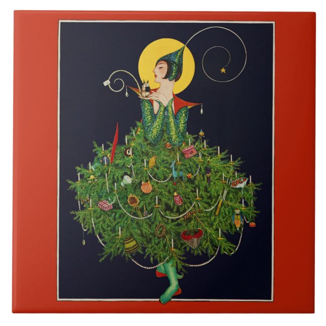 LADY with CHRISTMAS GIFTS ART DECO SCHÖNHEIT Fliese (Vorderseite)