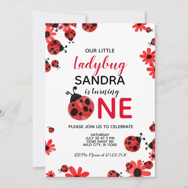 Ladybug 1. Baby Girl Geburtstagseinladung Einladung (Vorderseite)