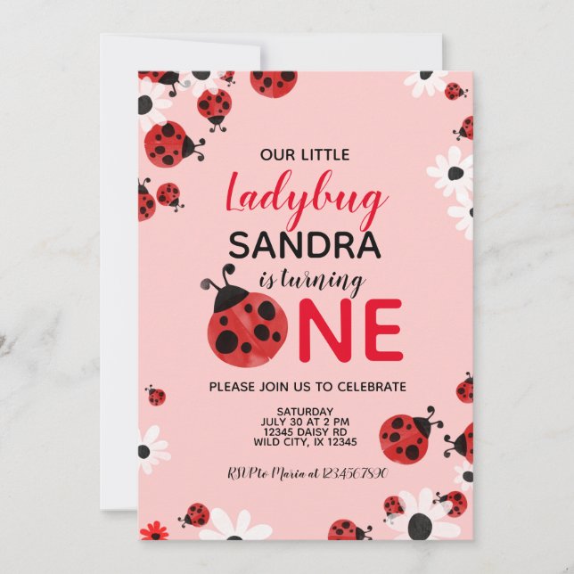 Ladybug 1st Baby Girl Birthday Invitation (Devant)