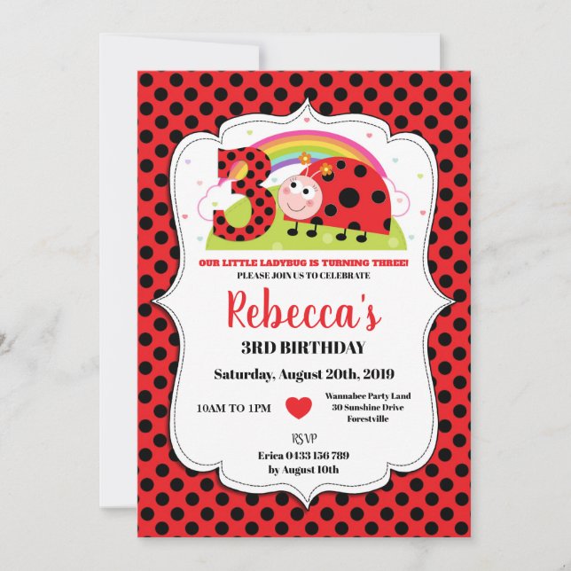 Ladybug 3e anniversaire Invitations Girl (Devant)