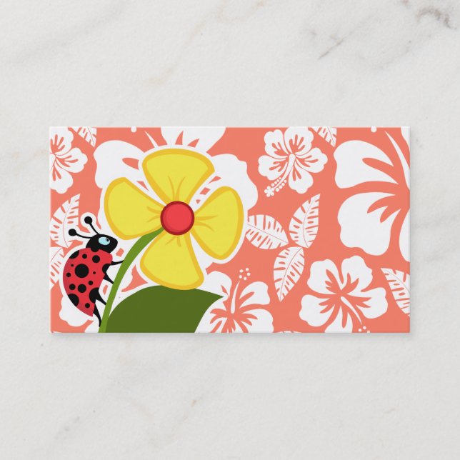 Ladybug auf dem tropischen Korallenfarben-Hibiskus Visitenkarte (Vorderseite)