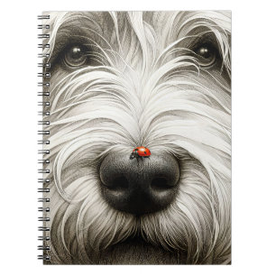 Ladybug auf der Nase des Shaggy Hundes Notizblock