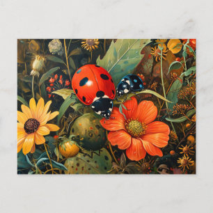 Ladybug auf einer einfachen Dahlia Bloom Illustrat Postkarte
