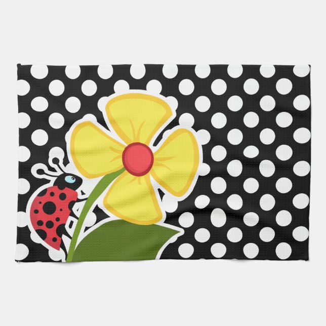Ladybug auf schwarzen und weißen Polka-Punkten Handtuch (Horizontal)