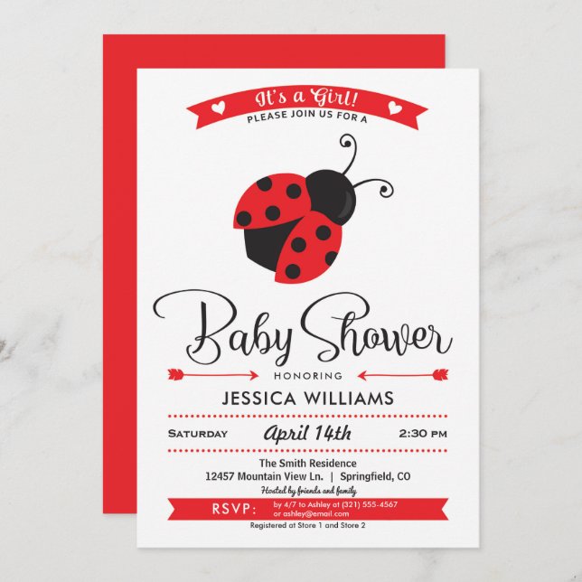 Ladybug Baby shower Invitation fille (Devant / Derrière)