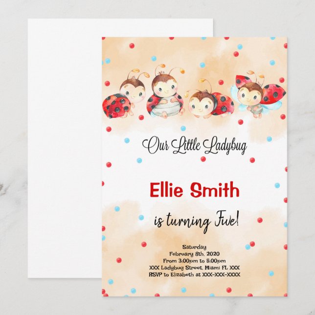 Ladybug Birthday Einladung (Vorne/Hinten)