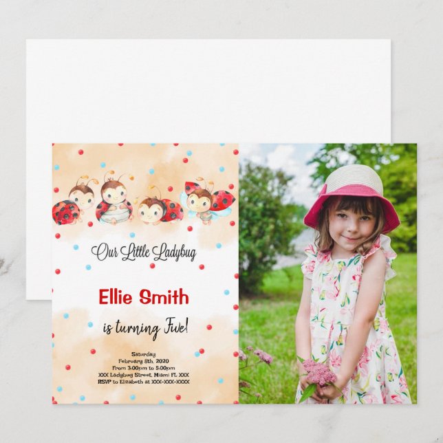 Ladybug Birthday Foto Einladung (Vorne/Hinten)