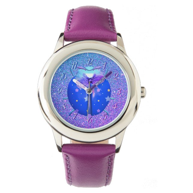 Ladybug blaue Sterne niedlicher Glitzer lila Armbanduhr (Vorderseite)