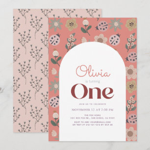 Ladybug & Blume Muster Arch Pink 1. Geburtstag Einladung