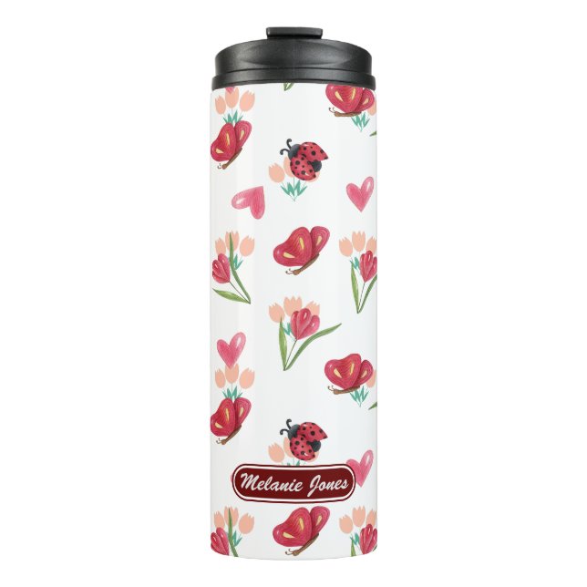Ladybug, Butterfly und Tulip Herzmuster Thermosbecher (Vorderseite)