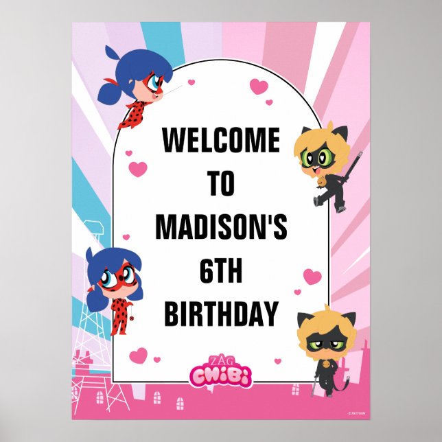 Ladybug Cat Noir Chibi Geburtstag Herzlich Willkom Poster (Vorne)