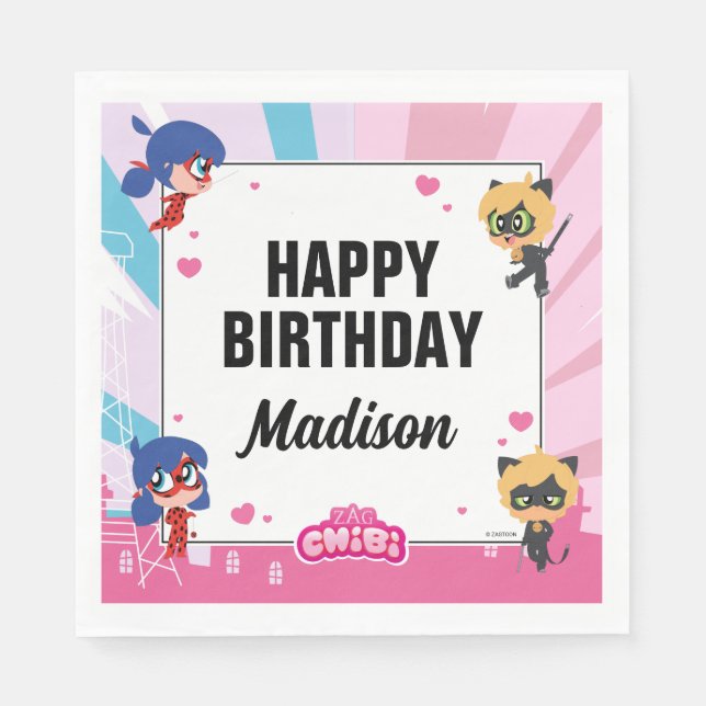 Ladybug Cat Noir Chibi Geburtstag Serviette (Vorderseite)