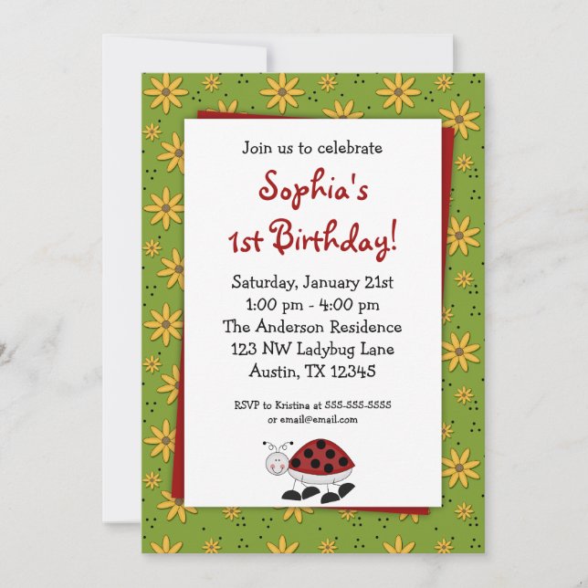 Ladybug Daisies Invitations de fête d'anniversaire (Devant)