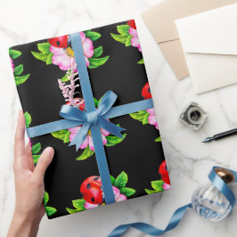 Ladybug Floral Black Wrapping Paper Geschenkpapier