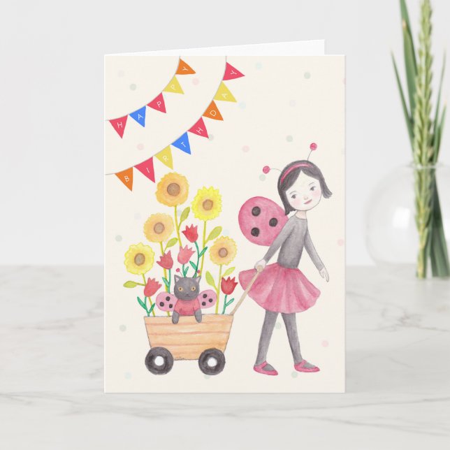 Ladybug Girl & Cat Sonnenblumen Niedliche Geburtst Karte (Vorderseite)