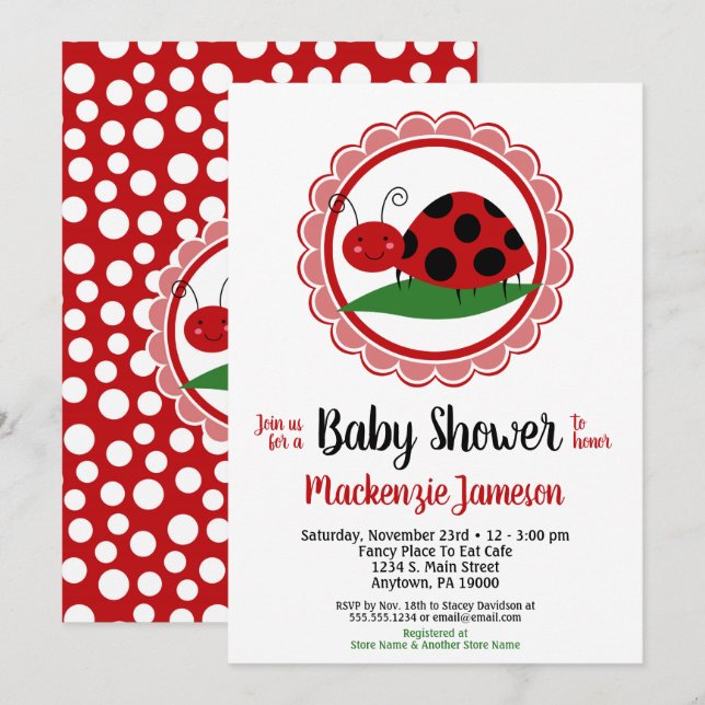 Ladybug Girls Babydusche Einladung (Vorne/Hinten)